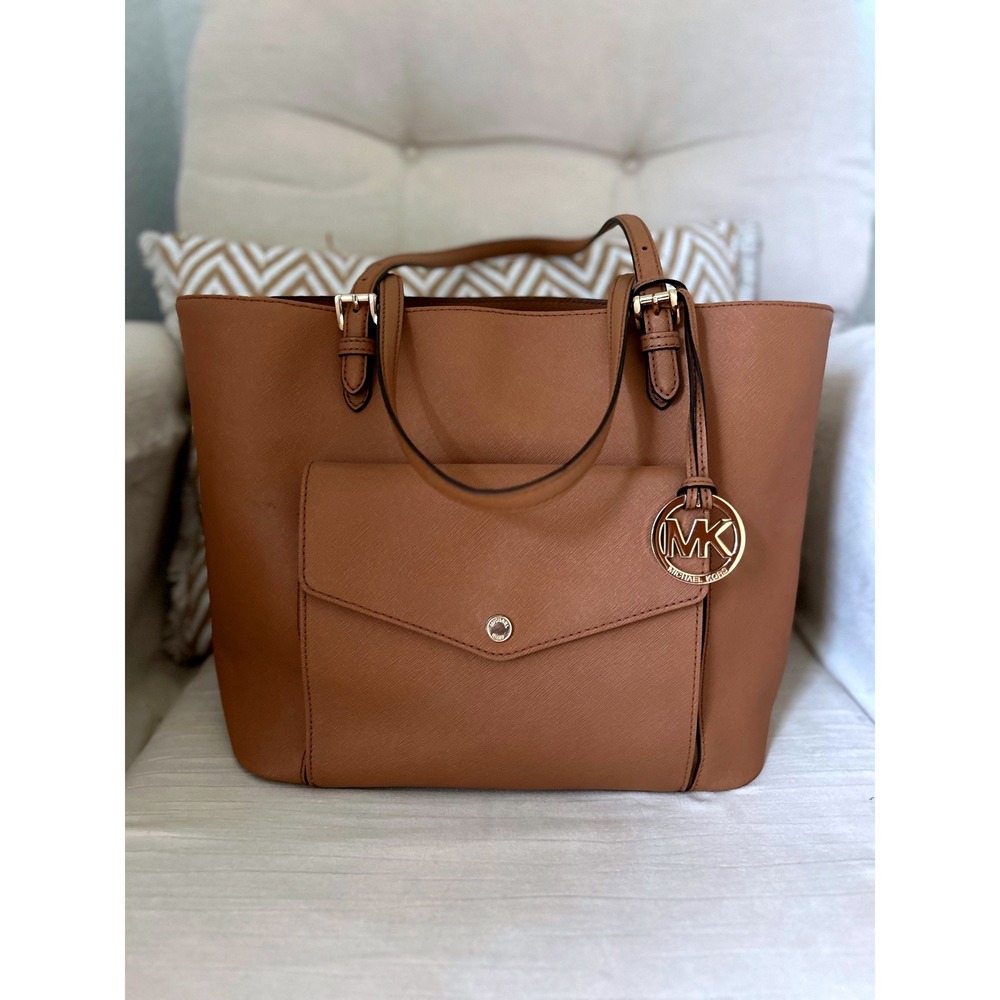 Michael Kors Brown Jet Set Pocket Leather Tote Bag Purse Handbag MK